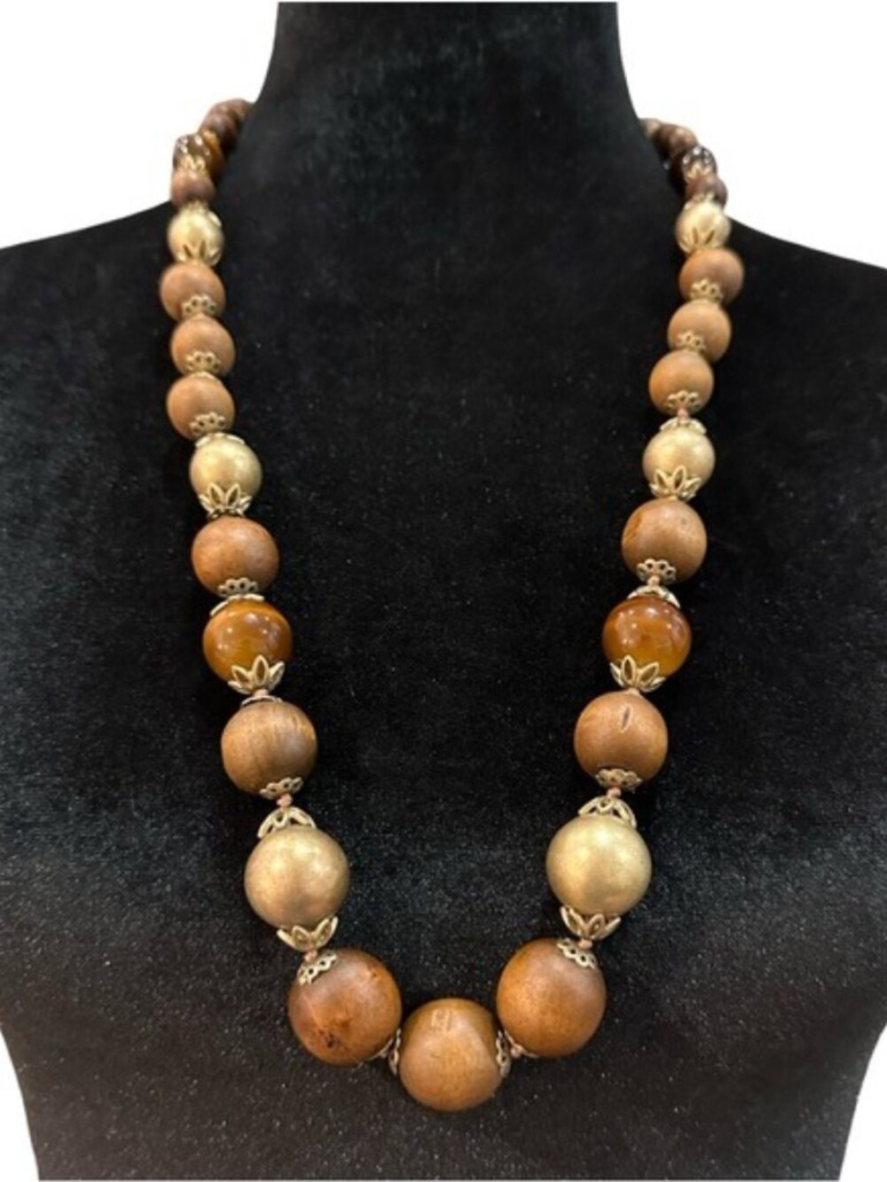 Vintage Wood Tiger Eye Beaded Necklace Gold Tone Accents